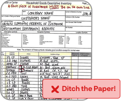 Traditional paper-based household goods descriptive inventory form with a “Ditch the Paper!” warning overlay.